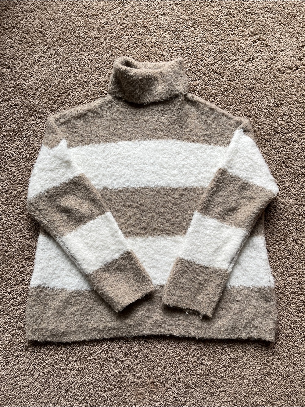 Pink Lily Striped Turtleneck Sweater XL Beige White Chunky Boucle Knit Oversized